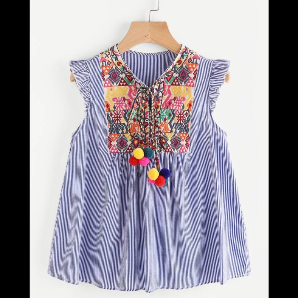 SHEIN Pompom Tie Neck Embroidered Striped Blouse S